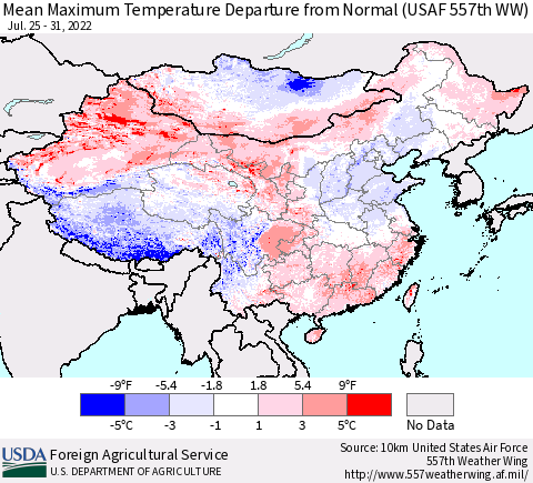 China, Mongolia and Taiwan Mean Maximum Temperature Departure from Normal (USAF 557th WW) Thematic Map For 7/25/2022 - 7/31/2022