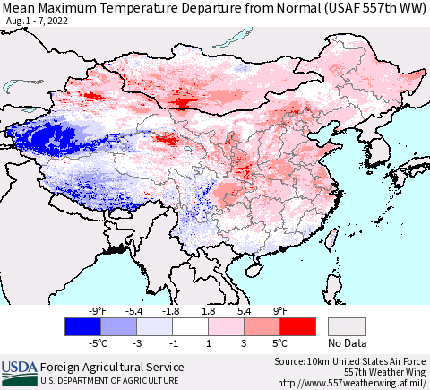 China, Mongolia and Taiwan Mean Maximum Temperature Departure from Normal (USAF 557th WW) Thematic Map For 8/1/2022 - 8/7/2022