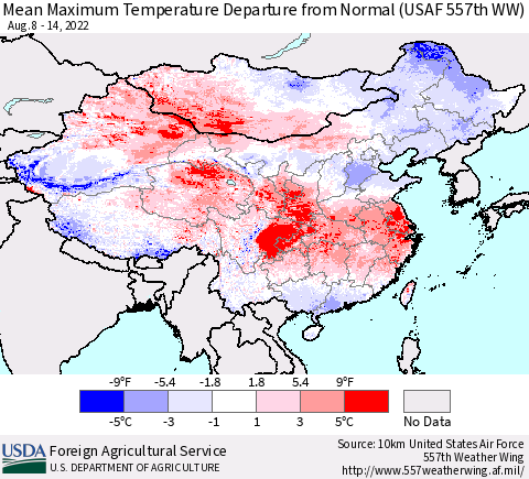 China, Mongolia and Taiwan Mean Maximum Temperature Departure from Normal (USAF 557th WW) Thematic Map For 8/8/2022 - 8/14/2022