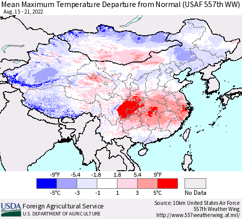 China, Mongolia and Taiwan Mean Maximum Temperature Departure from Normal (USAF 557th WW) Thematic Map For 8/15/2022 - 8/21/2022