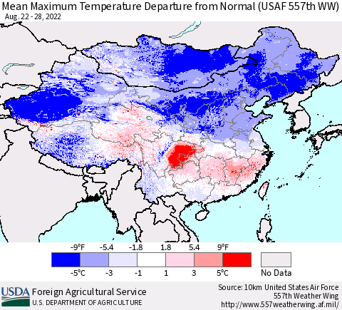 China, Mongolia and Taiwan Mean Maximum Temperature Departure from Normal (USAF 557th WW) Thematic Map For 8/22/2022 - 8/28/2022