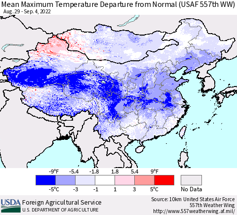 China, Mongolia and Taiwan Mean Maximum Temperature Departure from Normal (USAF 557th WW) Thematic Map For 8/29/2022 - 9/4/2022