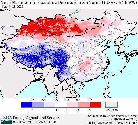 China, Mongolia and Taiwan Mean Maximum Temperature Departure from Normal (USAF 557th WW) Thematic Map For 9/5/2022 - 9/11/2022