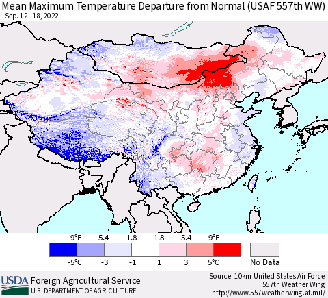 China, Mongolia and Taiwan Mean Maximum Temperature Departure from Normal (USAF 557th WW) Thematic Map For 9/12/2022 - 9/18/2022