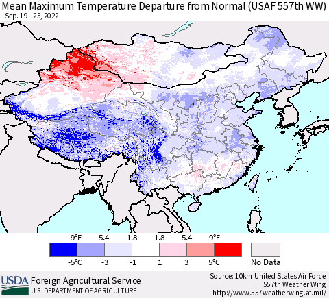 China, Mongolia and Taiwan Mean Maximum Temperature Departure from Normal (USAF 557th WW) Thematic Map For 9/19/2022 - 9/25/2022