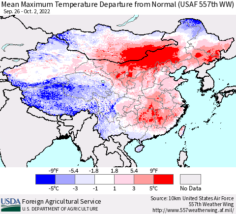 China, Mongolia and Taiwan Mean Maximum Temperature Departure from Normal (USAF 557th WW) Thematic Map For 9/26/2022 - 10/2/2022