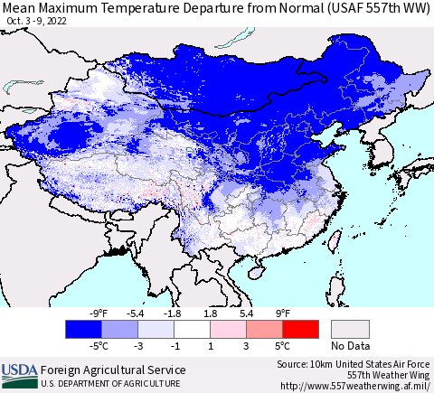 China, Mongolia and Taiwan Mean Maximum Temperature Departure from Normal (USAF 557th WW) Thematic Map For 10/3/2022 - 10/9/2022