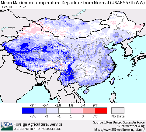 China, Mongolia and Taiwan Mean Maximum Temperature Departure from Normal (USAF 557th WW) Thematic Map For 10/10/2022 - 10/16/2022