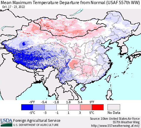 China, Mongolia and Taiwan Mean Maximum Temperature Departure from Normal (USAF 557th WW) Thematic Map For 10/17/2022 - 10/23/2022