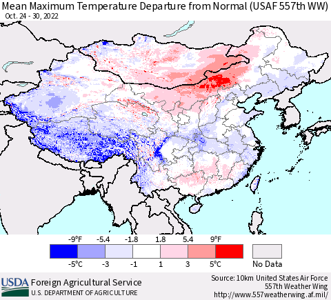 China, Mongolia and Taiwan Mean Maximum Temperature Departure from Normal (USAF 557th WW) Thematic Map For 10/24/2022 - 10/30/2022