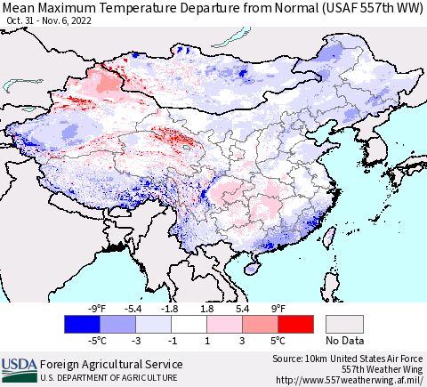 China, Mongolia and Taiwan Mean Maximum Temperature Departure from Normal (USAF 557th WW) Thematic Map For 10/31/2022 - 11/6/2022