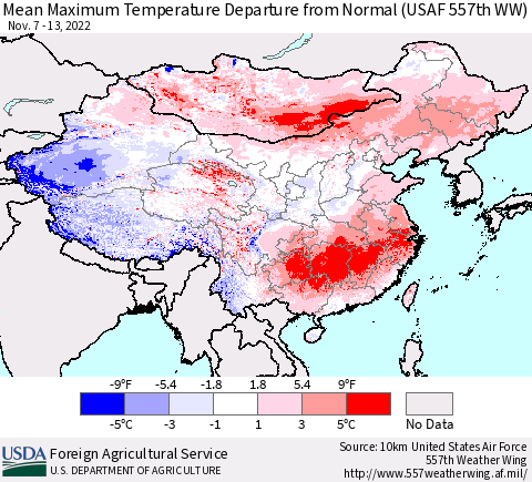 China, Mongolia and Taiwan Mean Maximum Temperature Departure from Normal (USAF 557th WW) Thematic Map For 11/7/2022 - 11/13/2022