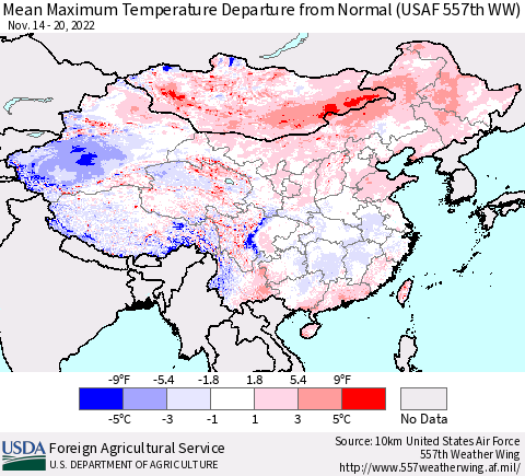 China, Mongolia and Taiwan Mean Maximum Temperature Departure from Normal (USAF 557th WW) Thematic Map For 11/14/2022 - 11/20/2022