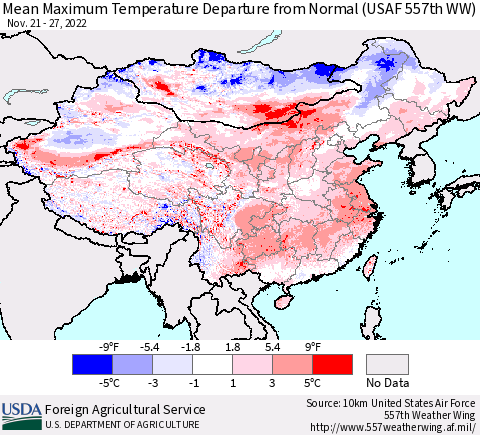 China, Mongolia and Taiwan Mean Maximum Temperature Departure from Normal (USAF 557th WW) Thematic Map For 11/21/2022 - 11/27/2022