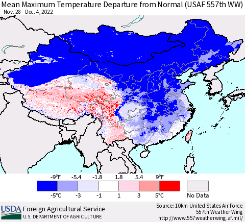 China, Mongolia and Taiwan Mean Maximum Temperature Departure from Normal (USAF 557th WW) Thematic Map For 11/28/2022 - 12/4/2022