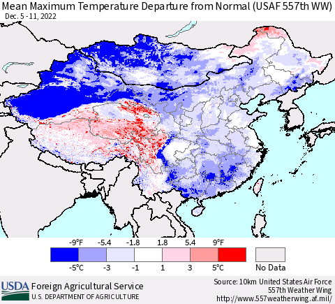 China, Mongolia and Taiwan Mean Maximum Temperature Departure from Normal (USAF 557th WW) Thematic Map For 12/5/2022 - 12/11/2022