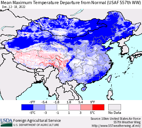 China, Mongolia and Taiwan Mean Maximum Temperature Departure from Normal (USAF 557th WW) Thematic Map For 12/12/2022 - 12/18/2022