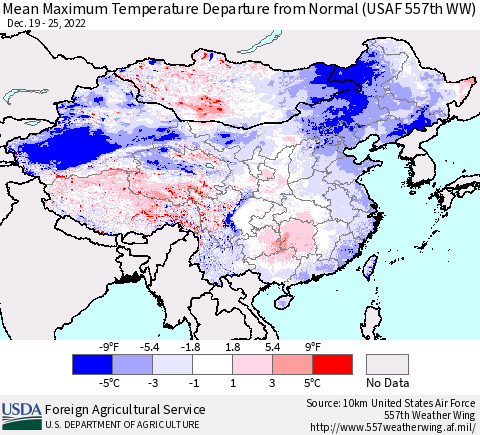China, Mongolia and Taiwan Mean Maximum Temperature Departure from Normal (USAF 557th WW) Thematic Map For 12/19/2022 - 12/25/2022