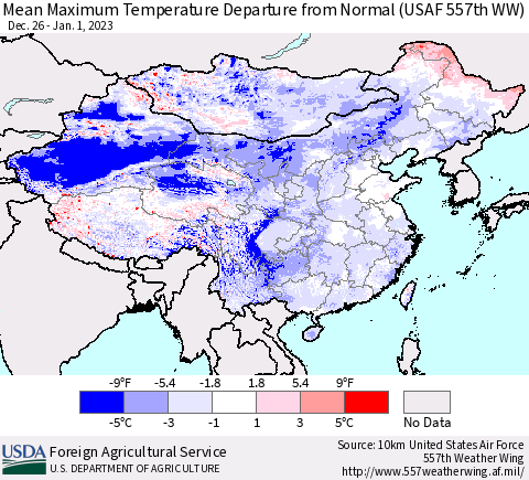 China, Mongolia and Taiwan Mean Maximum Temperature Departure from Normal (USAF 557th WW) Thematic Map For 12/26/2022 - 1/1/2023
