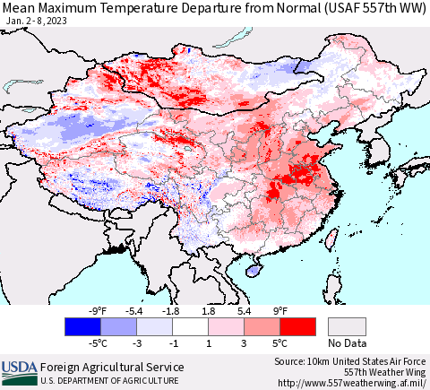China, Mongolia and Taiwan Mean Maximum Temperature Departure from Normal (USAF 557th WW) Thematic Map For 1/2/2023 - 1/8/2023