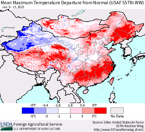 China, Mongolia and Taiwan Mean Maximum Temperature Departure from Normal (USAF 557th WW) Thematic Map For 1/9/2023 - 1/15/2023