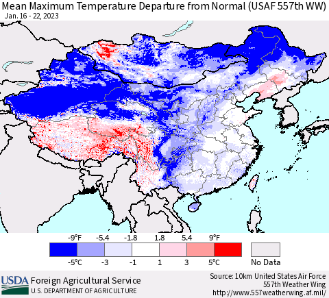 China, Mongolia and Taiwan Mean Maximum Temperature Departure from Normal (USAF 557th WW) Thematic Map For 1/16/2023 - 1/22/2023