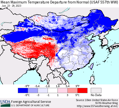 China, Mongolia and Taiwan Mean Maximum Temperature Departure from Normal (USAF 557th WW) Thematic Map For 1/23/2023 - 1/29/2023