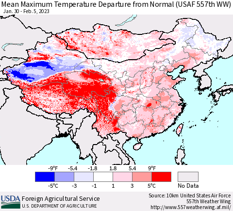 China, Mongolia and Taiwan Mean Maximum Temperature Departure from Normal (USAF 557th WW) Thematic Map For 1/30/2023 - 2/5/2023