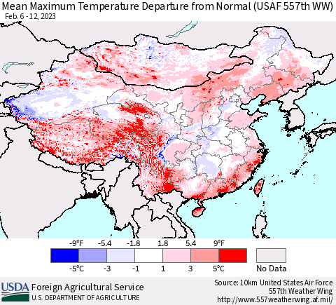 China, Mongolia and Taiwan Mean Maximum Temperature Departure from Normal (USAF 557th WW) Thematic Map For 2/6/2023 - 2/12/2023