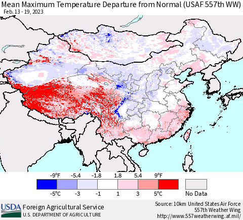 China, Mongolia and Taiwan Mean Maximum Temperature Departure from Normal (USAF 557th WW) Thematic Map For 2/13/2023 - 2/19/2023
