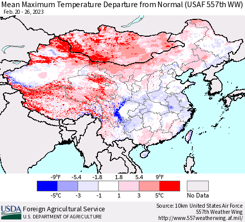 China, Mongolia and Taiwan Mean Maximum Temperature Departure from Normal (USAF 557th WW) Thematic Map For 2/20/2023 - 2/26/2023