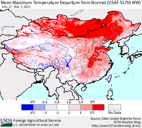 China, Mongolia and Taiwan Mean Maximum Temperature Departure from Normal (USAF 557th WW) Thematic Map For 2/27/2023 - 3/5/2023
