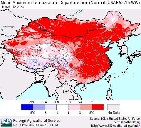 China, Mongolia and Taiwan Mean Maximum Temperature Departure from Normal (USAF 557th WW) Thematic Map For 3/6/2023 - 3/12/2023