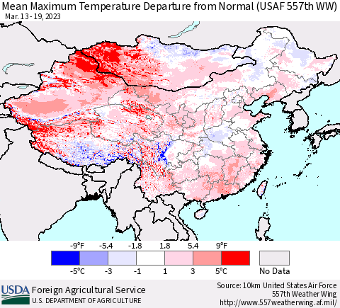 China, Mongolia and Taiwan Mean Maximum Temperature Departure from Normal (USAF 557th WW) Thematic Map For 3/13/2023 - 3/19/2023