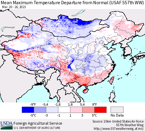 China, Mongolia and Taiwan Mean Maximum Temperature Departure from Normal (USAF 557th WW) Thematic Map For 3/20/2023 - 3/26/2023