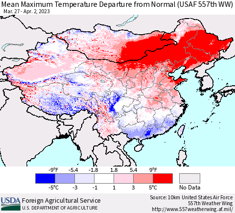 China, Mongolia and Taiwan Mean Maximum Temperature Departure from Normal (USAF 557th WW) Thematic Map For 3/27/2023 - 4/2/2023