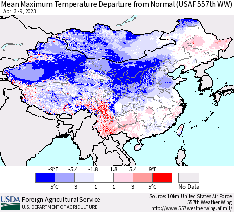 China, Mongolia and Taiwan Mean Maximum Temperature Departure from Normal (USAF 557th WW) Thematic Map For 4/3/2023 - 4/9/2023