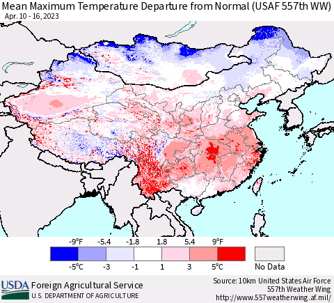 China, Mongolia and Taiwan Mean Maximum Temperature Departure from Normal (USAF 557th WW) Thematic Map For 4/10/2023 - 4/16/2023