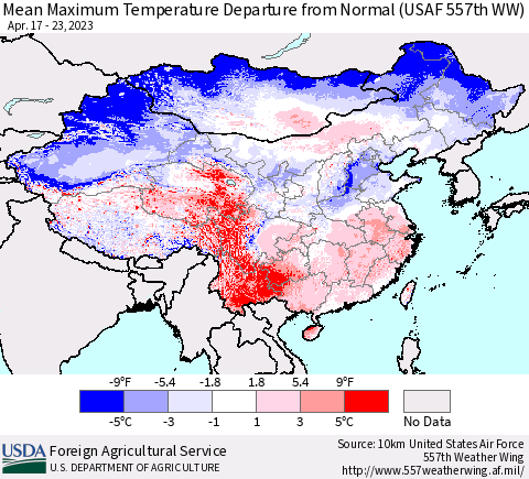China, Mongolia and Taiwan Mean Maximum Temperature Departure from Normal (USAF 557th WW) Thematic Map For 4/17/2023 - 4/23/2023