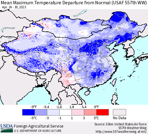 China, Mongolia and Taiwan Mean Maximum Temperature Departure from Normal (USAF 557th WW) Thematic Map For 4/24/2023 - 4/30/2023
