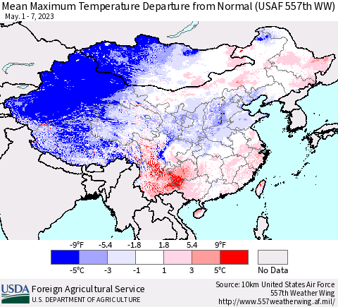 China, Mongolia and Taiwan Mean Maximum Temperature Departure from Normal (USAF 557th WW) Thematic Map For 5/1/2023 - 5/7/2023