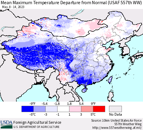 China, Mongolia and Taiwan Mean Maximum Temperature Departure from Normal (USAF 557th WW) Thematic Map For 5/8/2023 - 5/14/2023