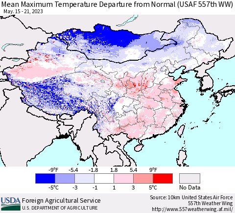 China, Mongolia and Taiwan Mean Maximum Temperature Departure from Normal (USAF 557th WW) Thematic Map For 5/15/2023 - 5/21/2023