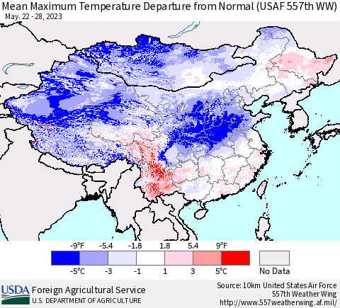 China, Mongolia and Taiwan Mean Maximum Temperature Departure from Normal (USAF 557th WW) Thematic Map For 5/22/2023 - 5/28/2023