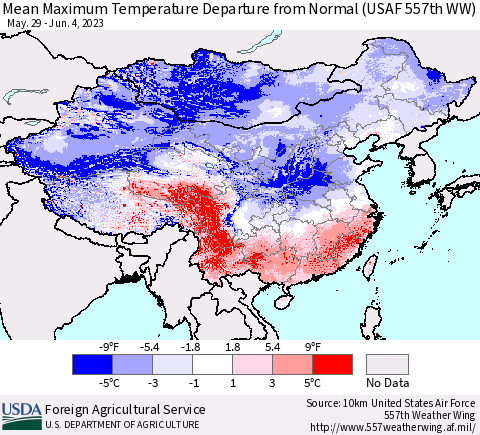 China, Mongolia and Taiwan Mean Maximum Temperature Departure from Normal (USAF 557th WW) Thematic Map For 5/29/2023 - 6/4/2023