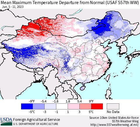 China, Mongolia and Taiwan Mean Maximum Temperature Departure from Normal (USAF 557th WW) Thematic Map For 6/5/2023 - 6/11/2023