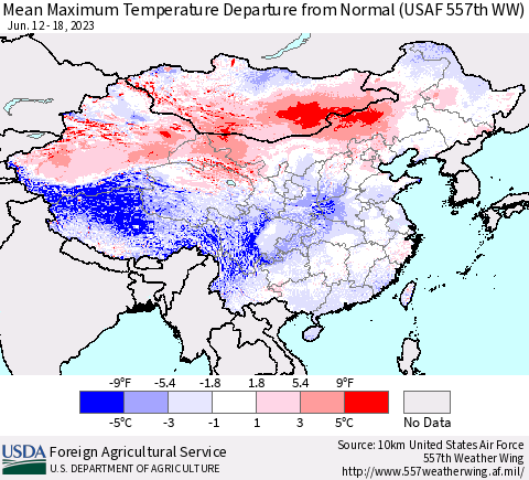 China, Mongolia and Taiwan Mean Maximum Temperature Departure from Normal (USAF 557th WW) Thematic Map For 6/12/2023 - 6/18/2023