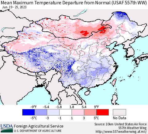 China, Mongolia and Taiwan Mean Maximum Temperature Departure from Normal (USAF 557th WW) Thematic Map For 6/19/2023 - 6/25/2023