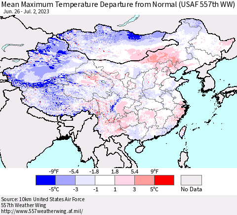 China, Mongolia and Taiwan Mean Maximum Temperature Departure from Normal (USAF 557th WW) Thematic Map For 6/26/2023 - 7/2/2023