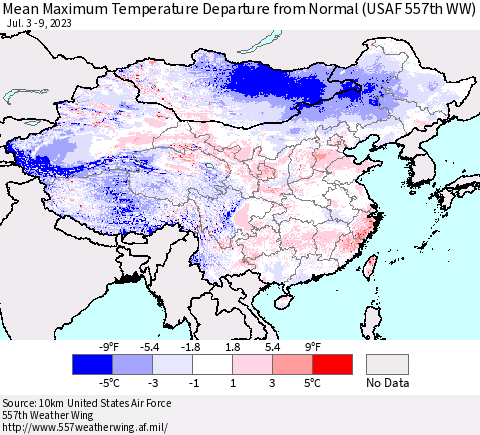 China, Mongolia and Taiwan Mean Maximum Temperature Departure from Normal (USAF 557th WW) Thematic Map For 7/3/2023 - 7/9/2023